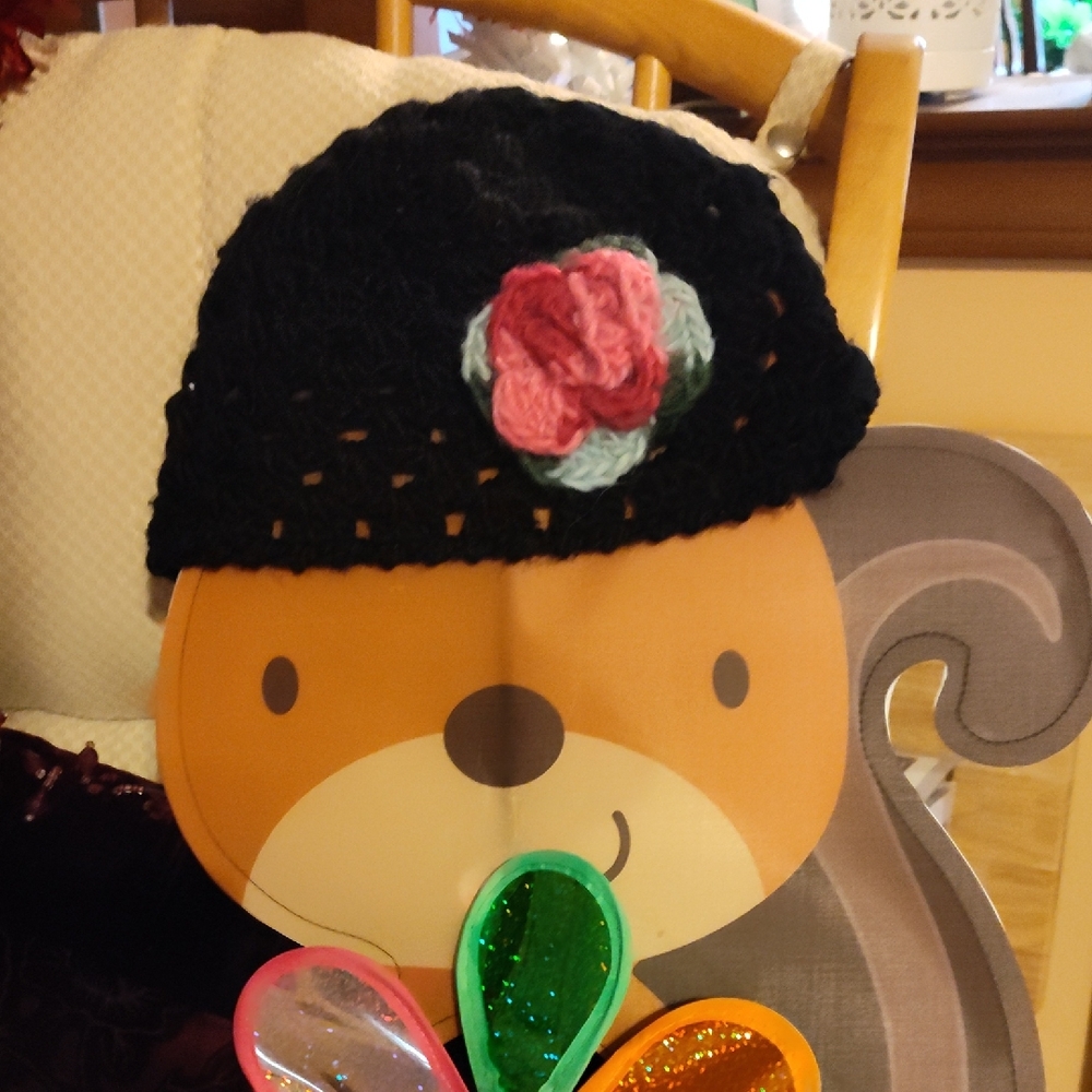Black Crochet Hat with Pink Flower for Women or Juniors
